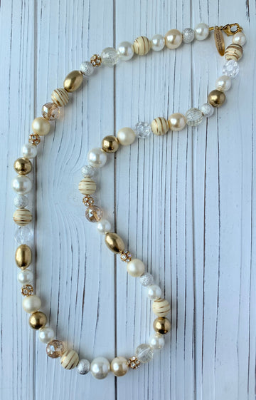Lenora Dame Long Pearl, Brass & Crystal Necklace