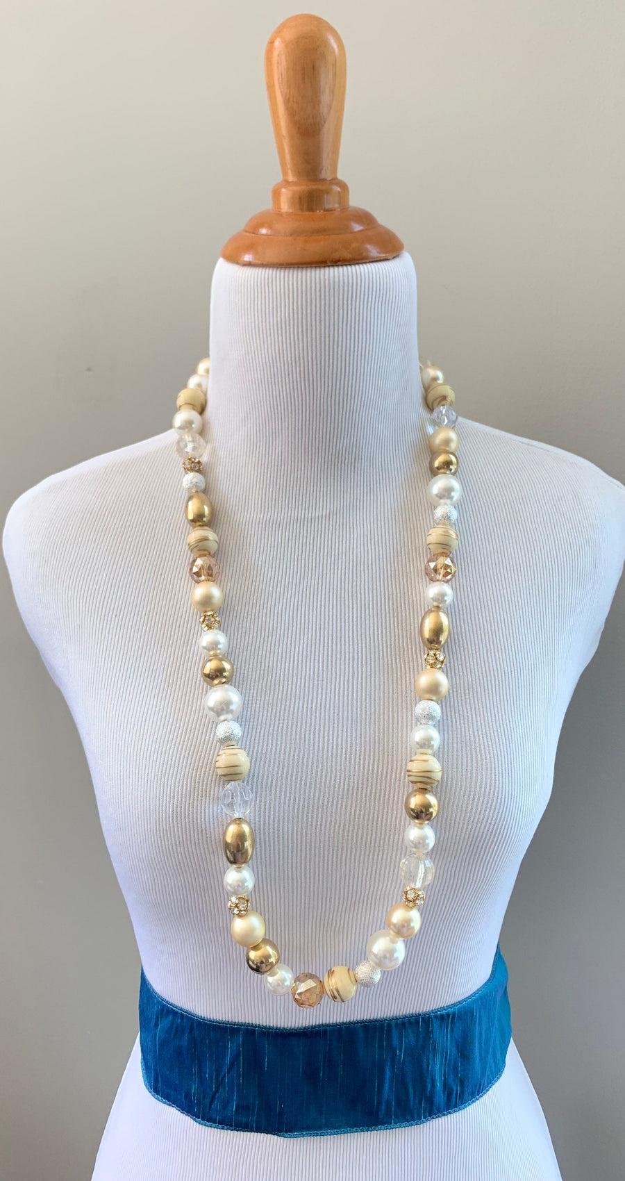 Lenora Dame Long Pearl, Brass & Crystal Necklace