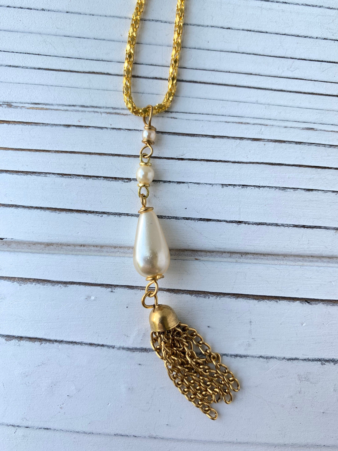 Lenora Dame Chain Tassel & Pearl Tear Drop Pendant Necklace