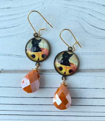 Lenora Dame Jack-o-Lantern Kitten Halloween Earrings