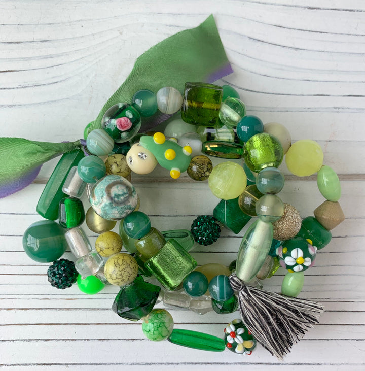 Lenora Dame 5-Piece Green Goddess Stretch Bracelet Set One of a Kind
