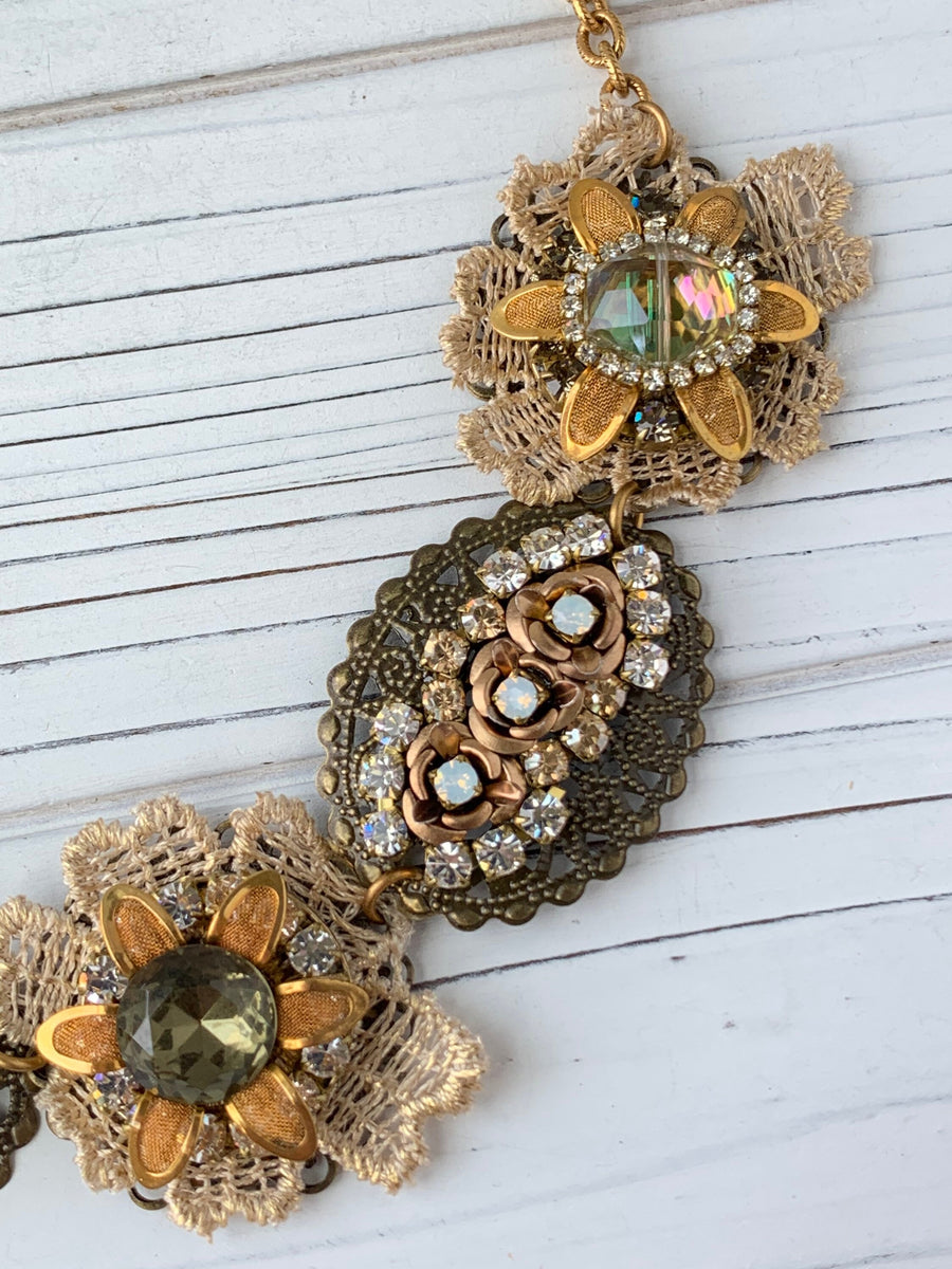 Lenora Dame Bejeweled Detailed Vintage Inspired Bib Necklace in Soft Tones