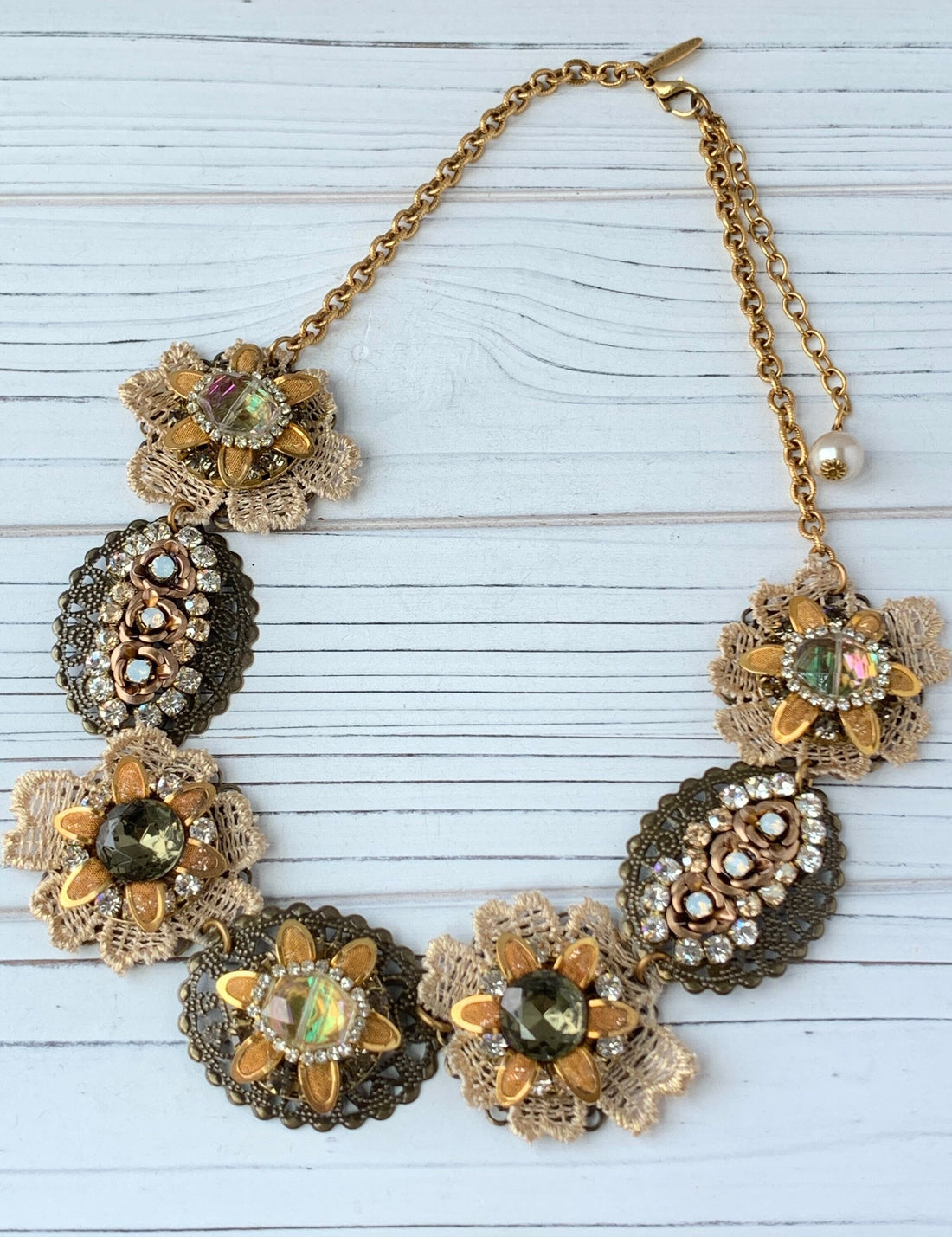 Lenora Dame Bejeweled Detailed Vintage Inspired Bib Necklace in Soft Tones