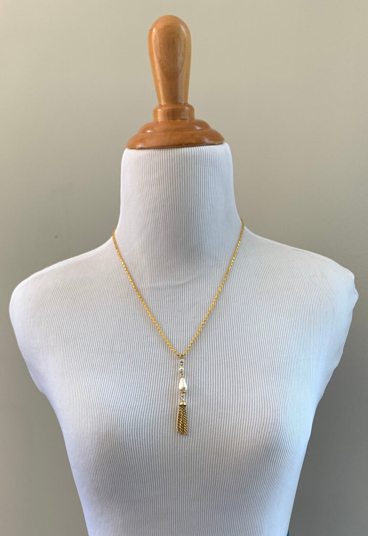 Lenora Dame Chain Tassel & Pearl Tear Drop Pendant Necklace