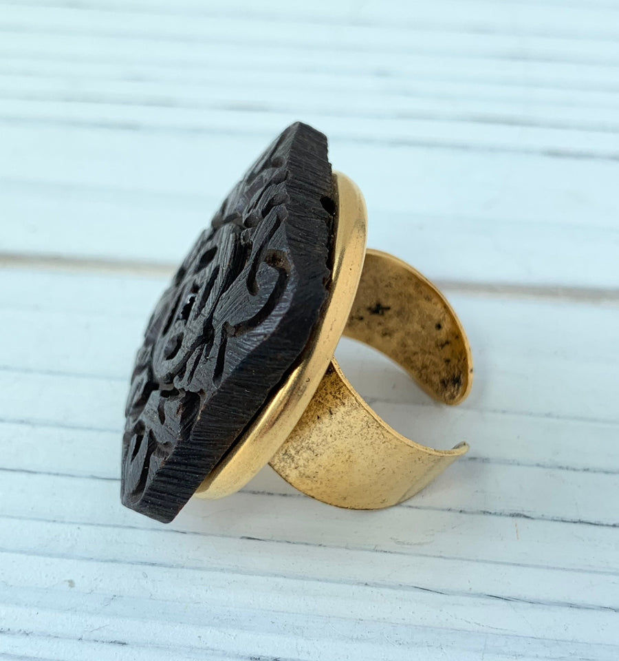 Lenora Dame Wooden Crest Cocktail Statement Ring