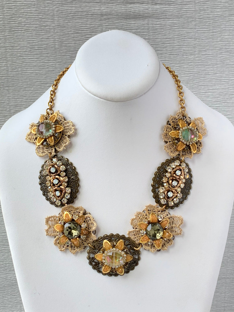 Lenora Dame Bejeweled Detailed Vintage Inspired Bib Necklace in Soft Tones