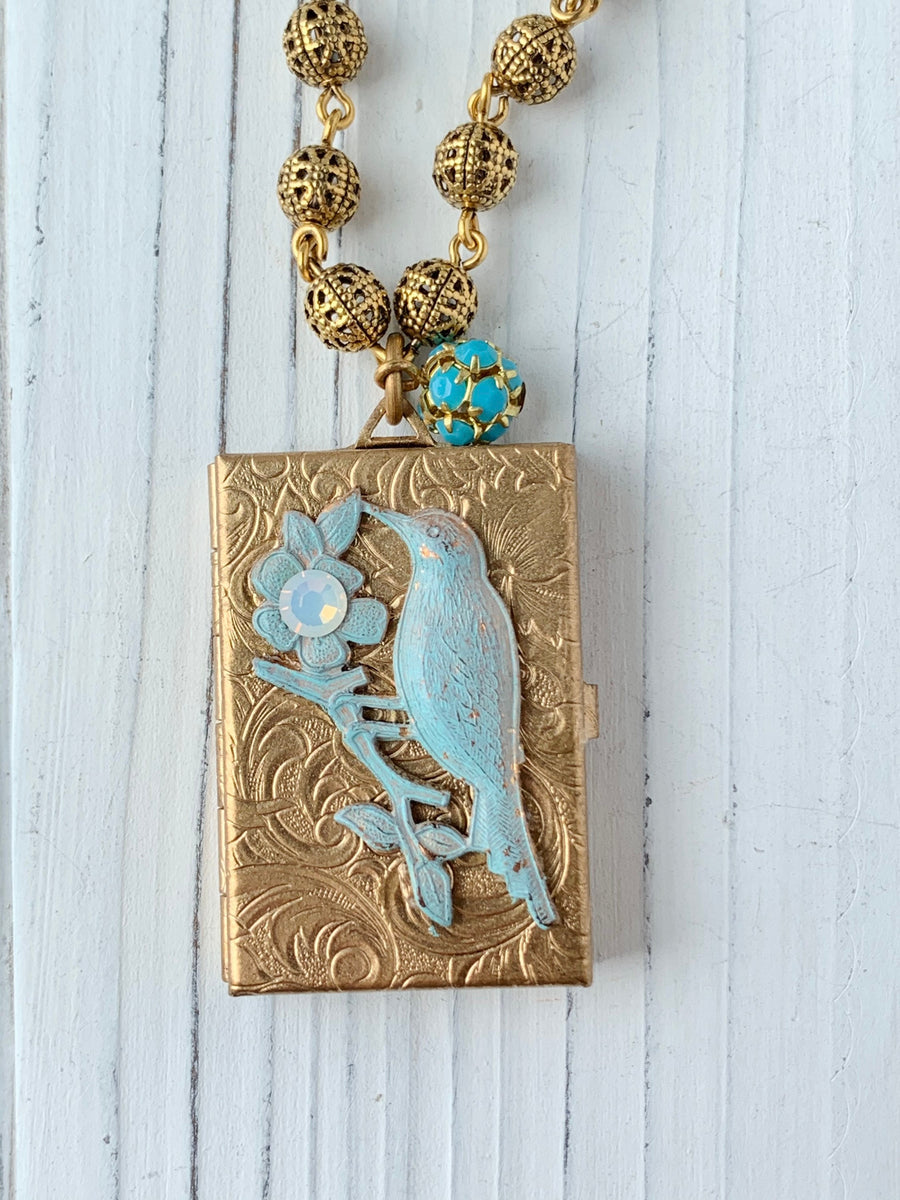 Lenora Dame Bird Book Locket Charm Necklace - Choice of 3 Color Options