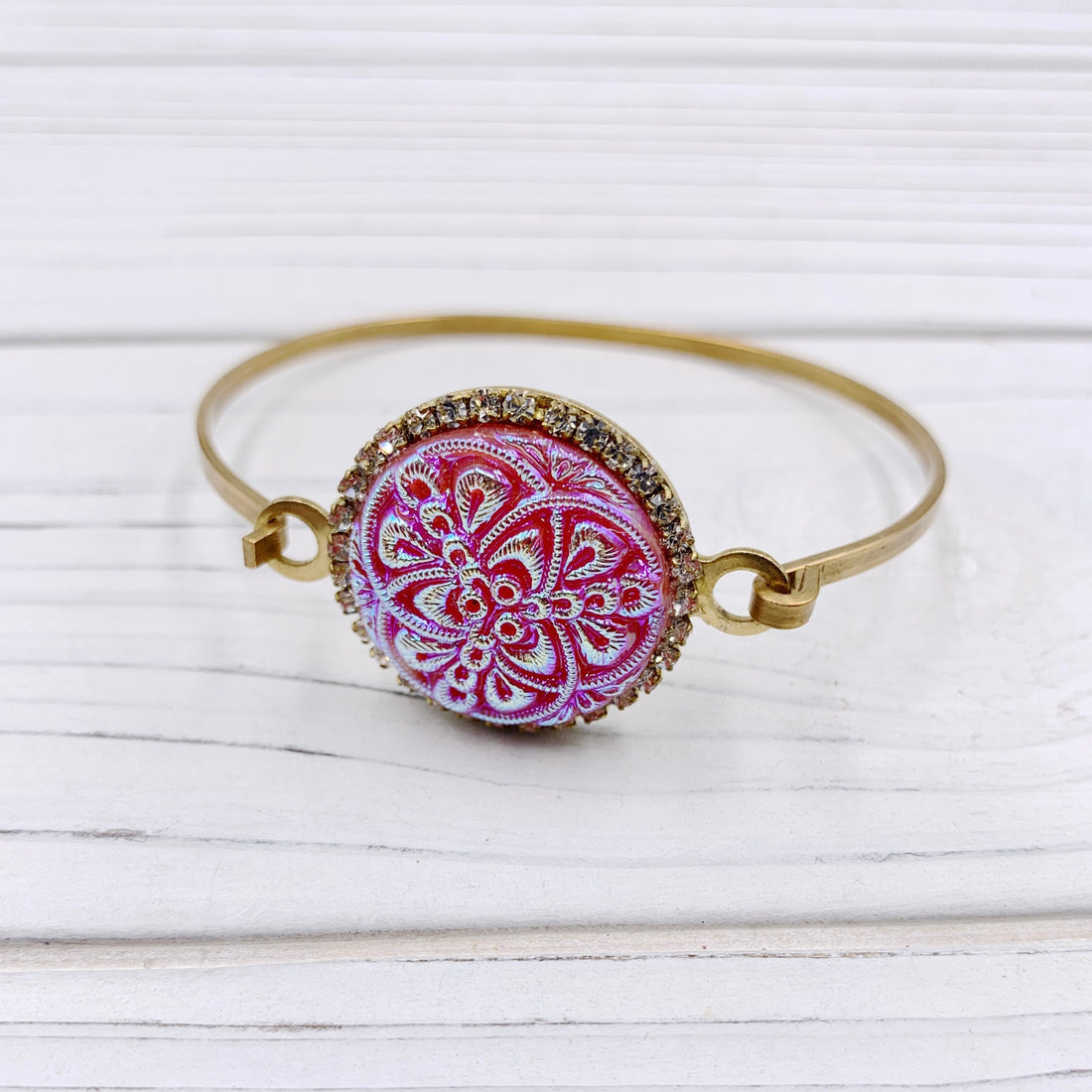 Lenora Dame 3pc Hollyhock Czech Glass Button Bangle Bracelet Set