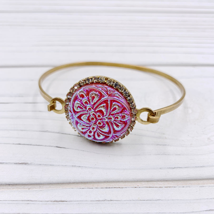 Lenora Dame 3pc Hollyhock Czech Glass Button Bangle Bracelet Set