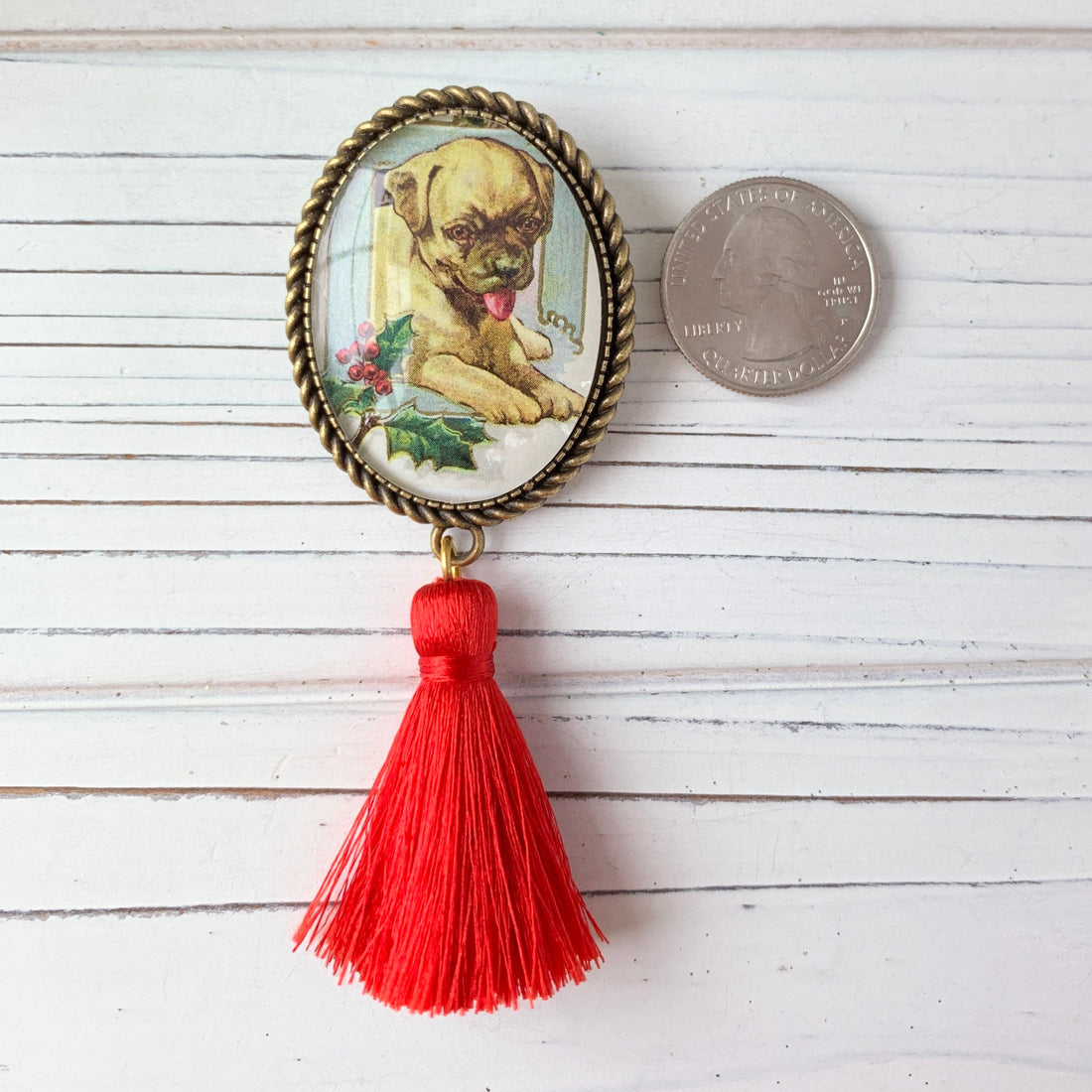 Lenora Dame Holiday Pug Puppy Tassel Brooch