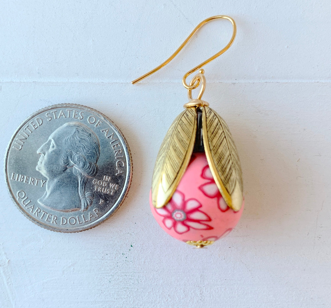 Lenora Dame Polymer Clay Flower Bead Cap Earring in Pink & Red