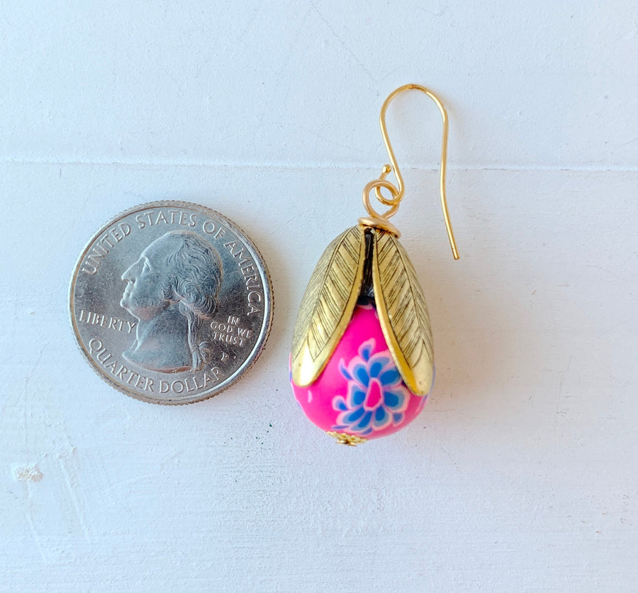 Lenora Dame Polymer Clay Flower Bead Cap Earring in Magenta & Blue