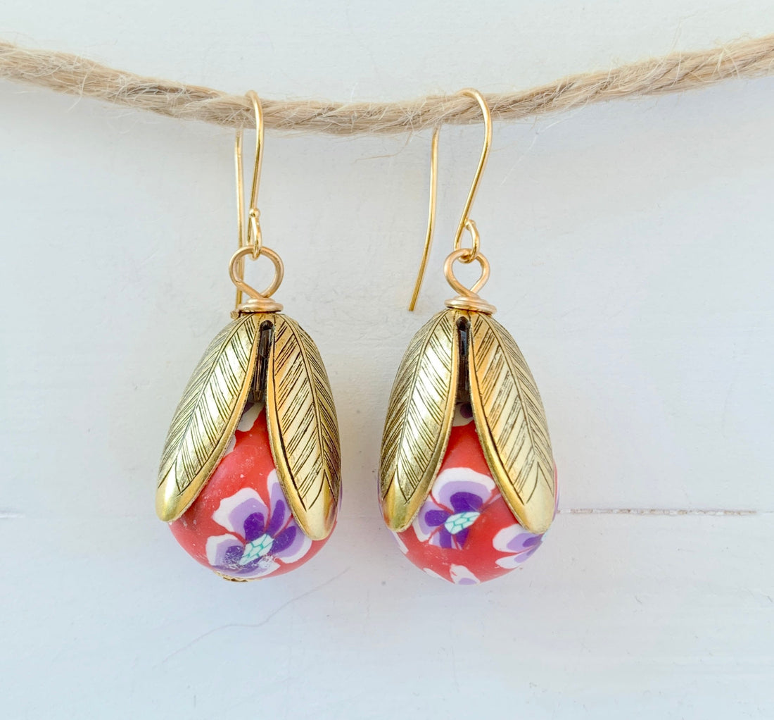 Lenora Dame Polymer Clay Flower Bead Cap Earring in Pink & Blue - More Color Options Available