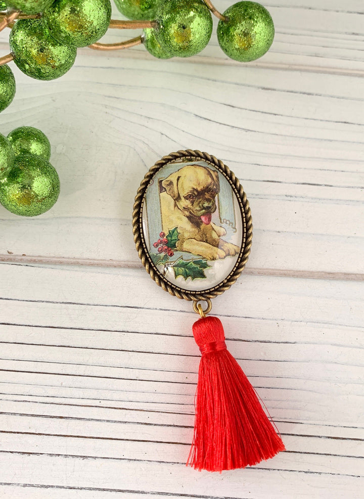 Lenora Dame Holiday Pug Puppy Tassel Brooch