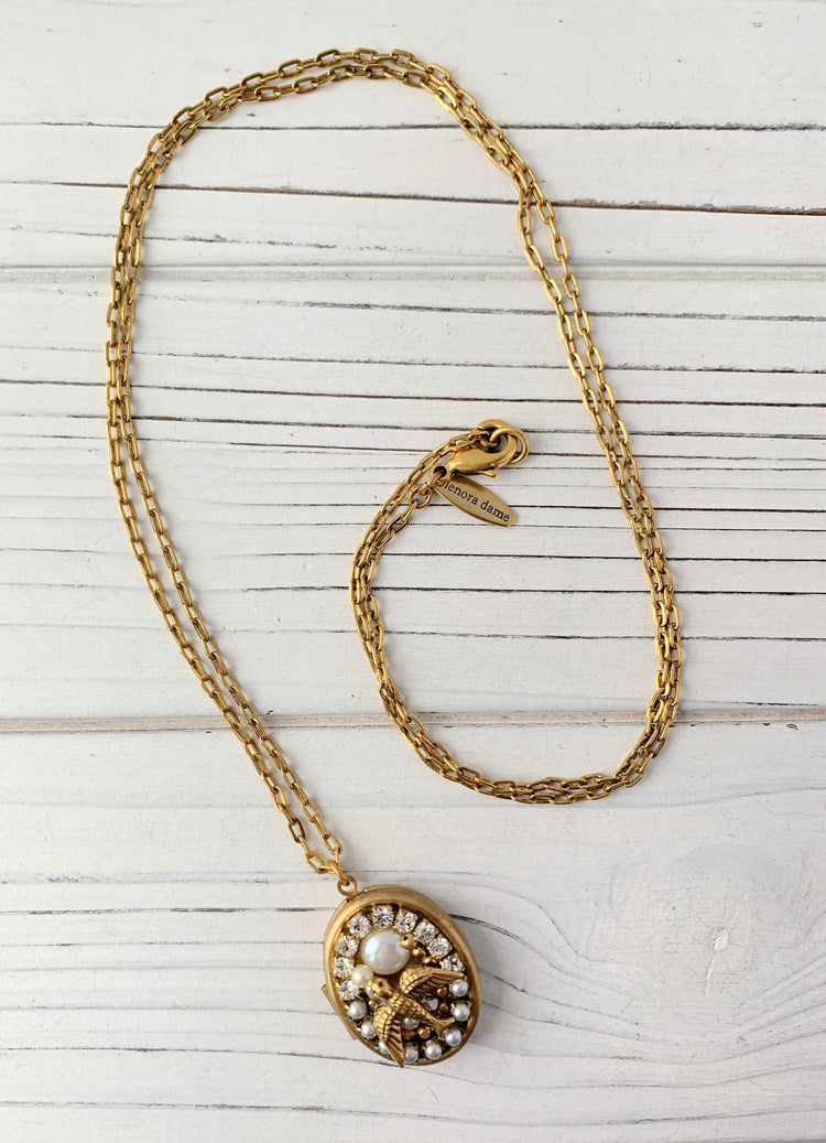 Lenora Dame Mini Mosaic Sparrow Locket Necklace