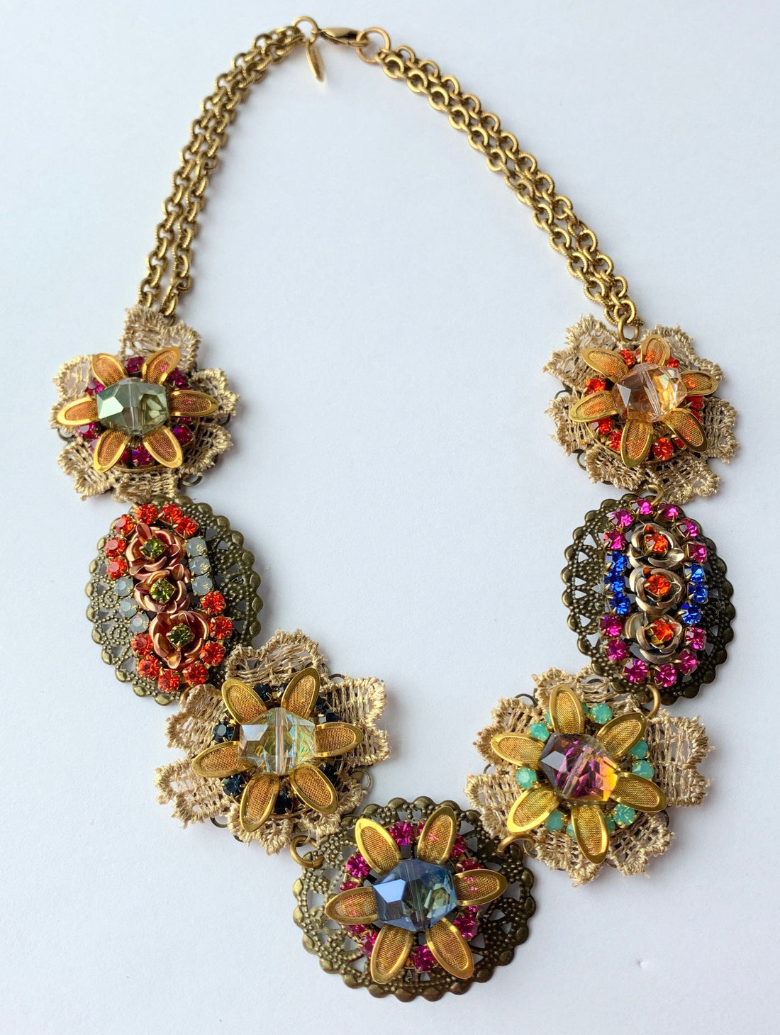 Lenora Dame Bejeweled Detailed Vintage Inspired Bib Necklace in Jewel Tones