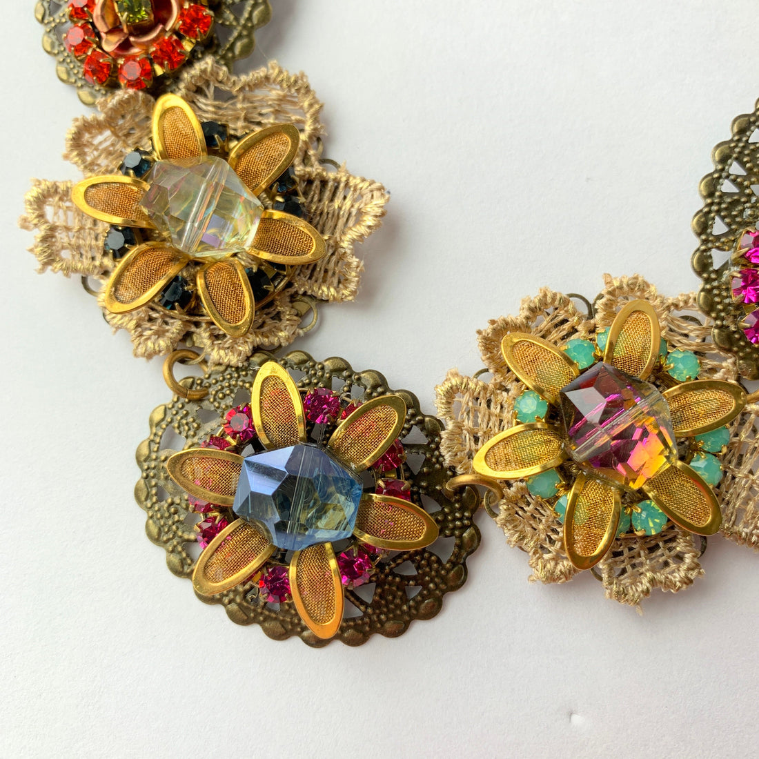 Lenora Dame Bejeweled Detailed Vintage Inspired Bib Necklace in Jewel Tones