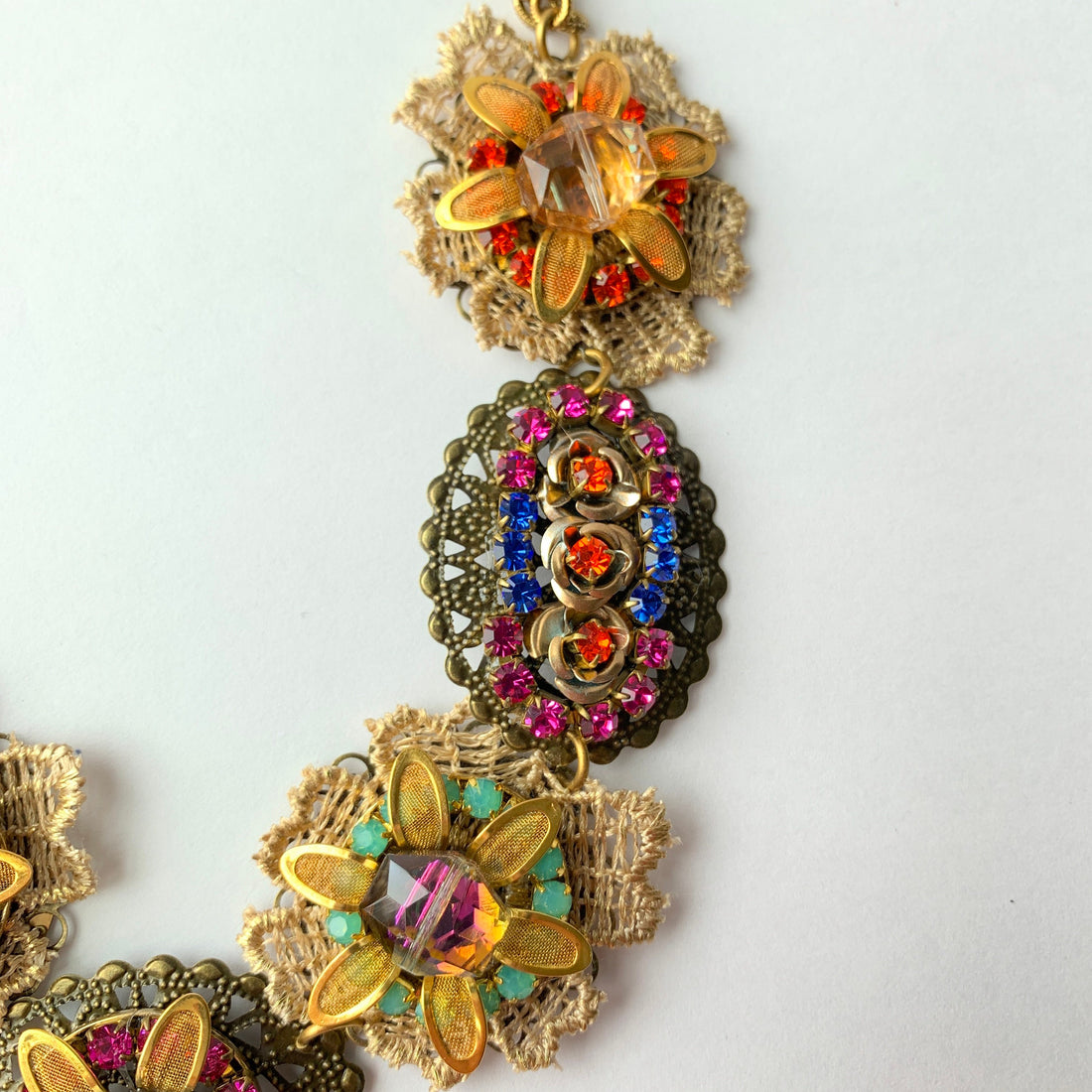 Lenora Dame Bejeweled Detailed Vintage Inspired Bib Necklace in Jewel Tones