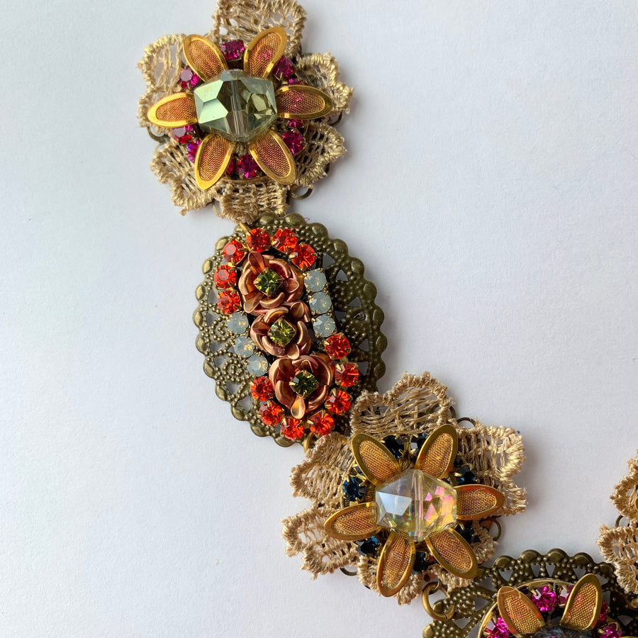 Lenora Dame Bejeweled Detailed Vintage Inspired Bib Necklace in Jewel Tones