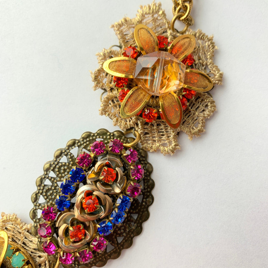 Lenora Dame Bejeweled Detailed Vintage Inspired Bib Necklace in Jewel Tones