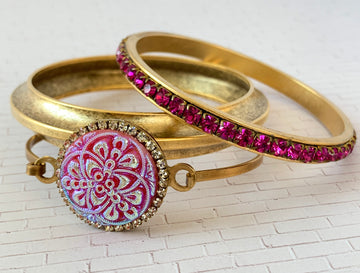 Lenora Dame 3pc Hollyhock Czech Glass Button Bangle Bracelet Set