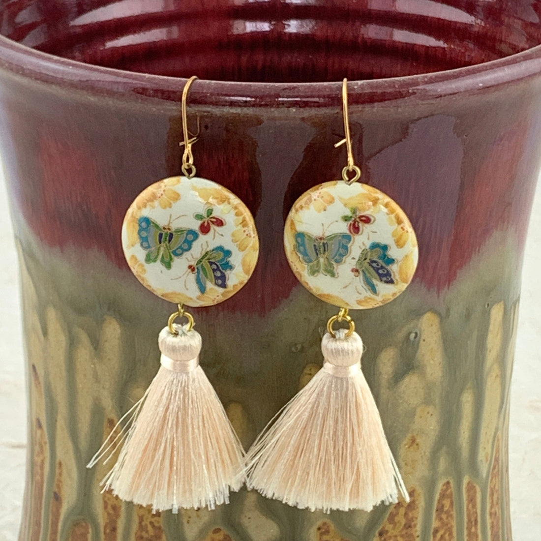 Lenora Dame Cloisonné Butterfly Tassel Earrings