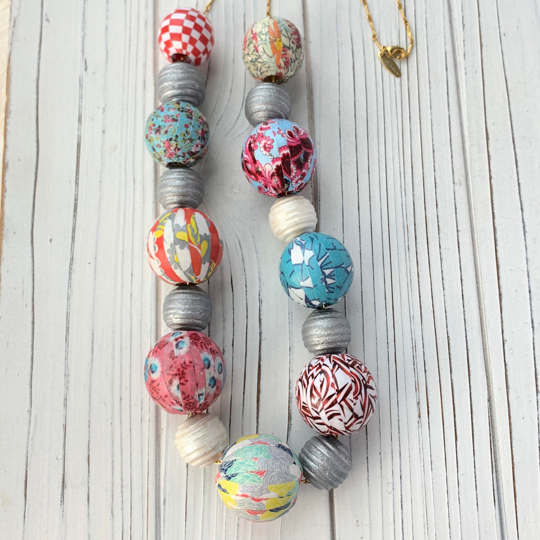 Lenora Dame Quilt Decoupage Wooden Bead Necklace