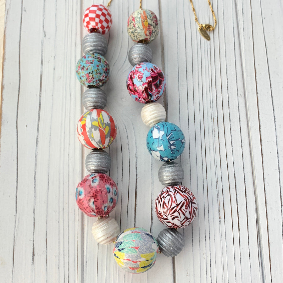Lenora Dame Quilt Decoupage Wooden Bead Necklace