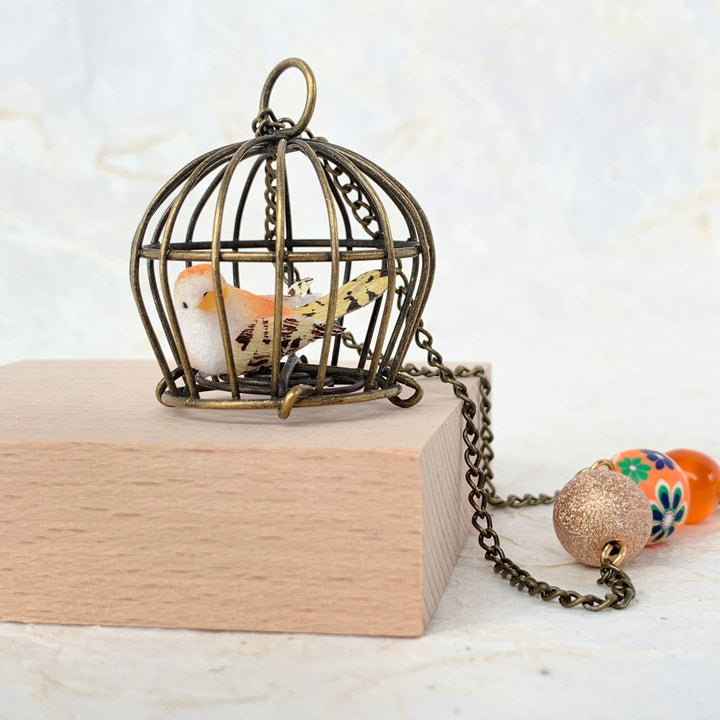 Lenora Dame Little Bird In A Vintage Birdcage Pendant Necklace in Begonia