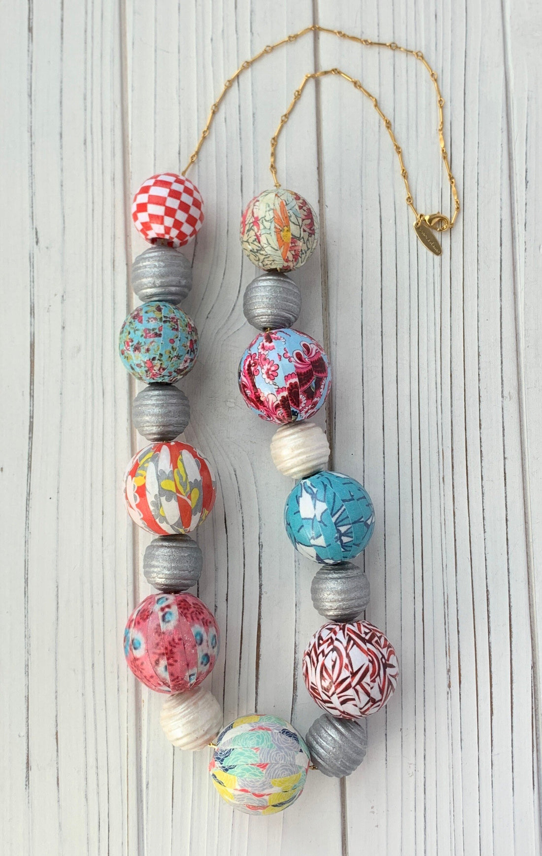 Lenora Dame Quilt Decoupage Wooden Bead Necklace