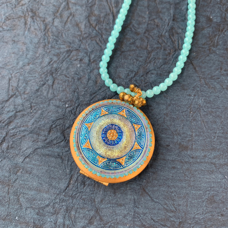 Lenora Dame Czech Glass Button Photo Locket Pendant Necklace