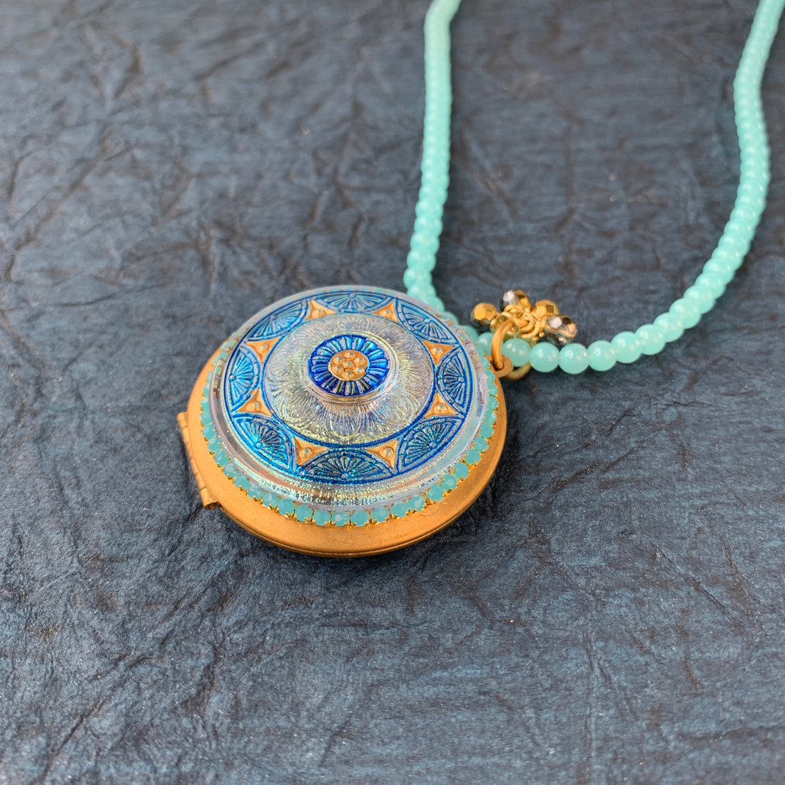 Lenora Dame Czech Glass Button Photo Locket Pendant Necklace