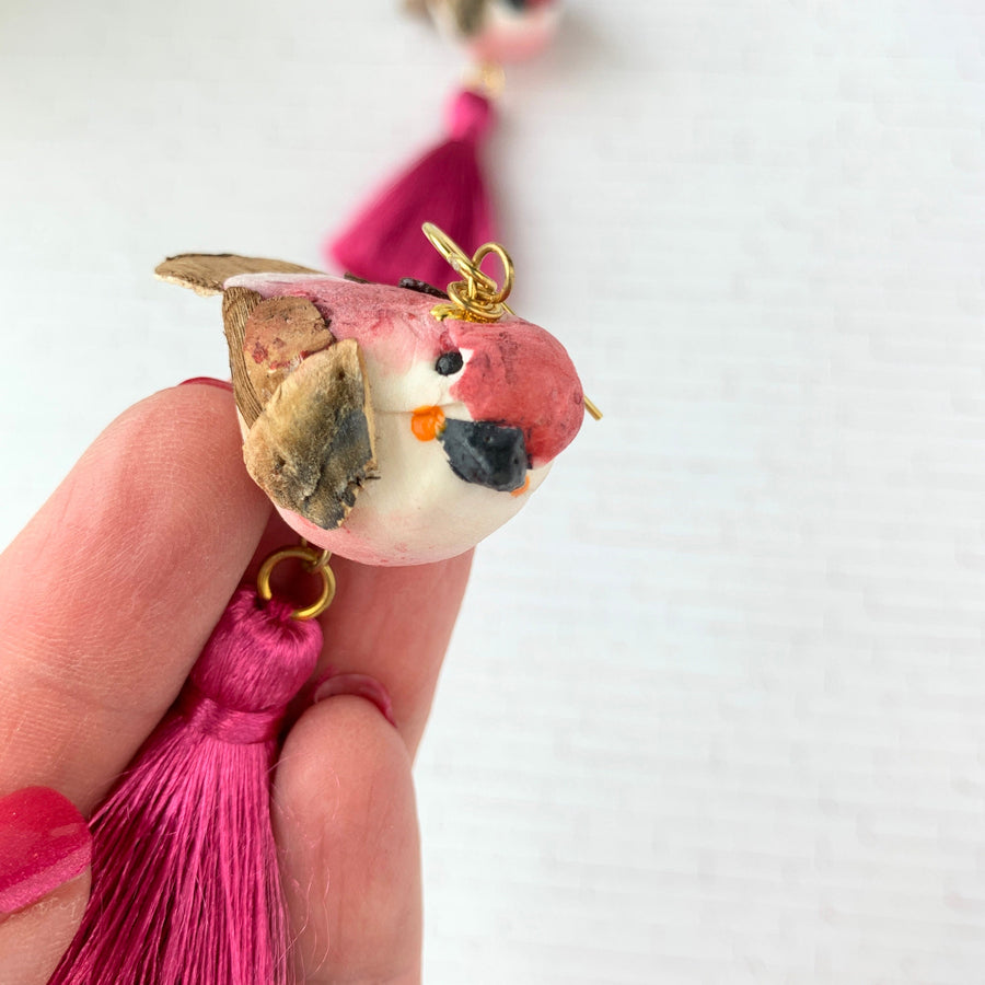 Lenora Dame Spun Cotton Bird Tassel Earrings in Magenta