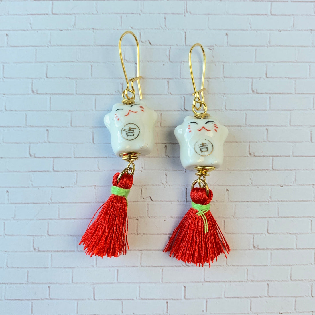 Lenora Dame Painted Ceramic Cat Tassel Earrings