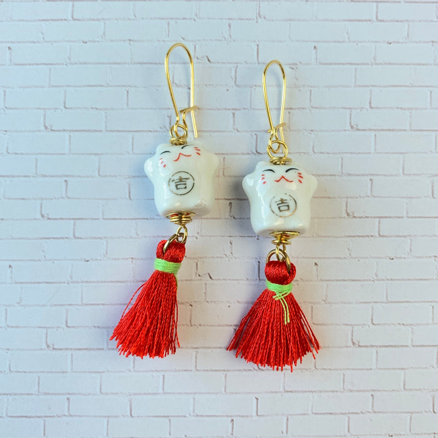 Lenora Dame Painted Ceramic Cat Tassel Earrings