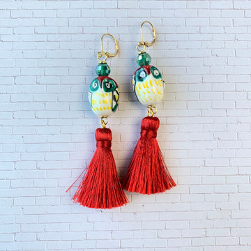 Lenora Dame Painted Ceramic Owl Tassel Earrings