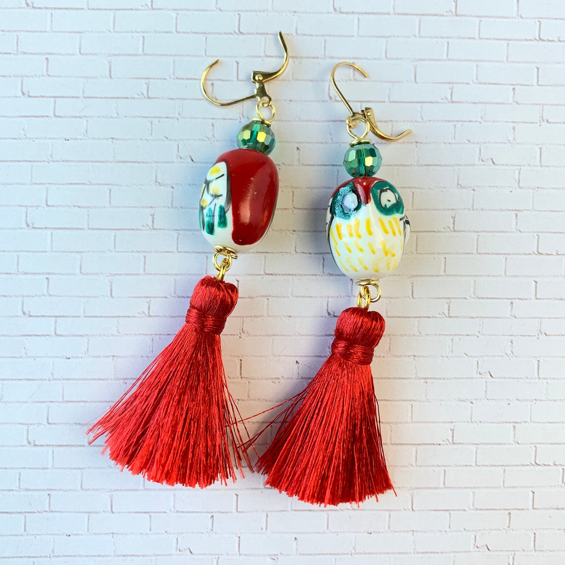 Lenora Dame Painted Ceramic Owl Tassel Earrings