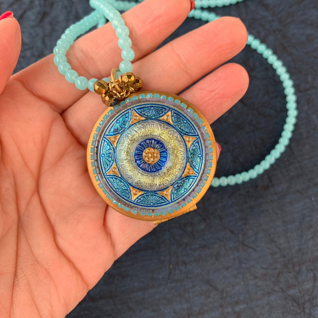 Lenora Dame Czech Glass Button Photo Locket Pendant Necklace