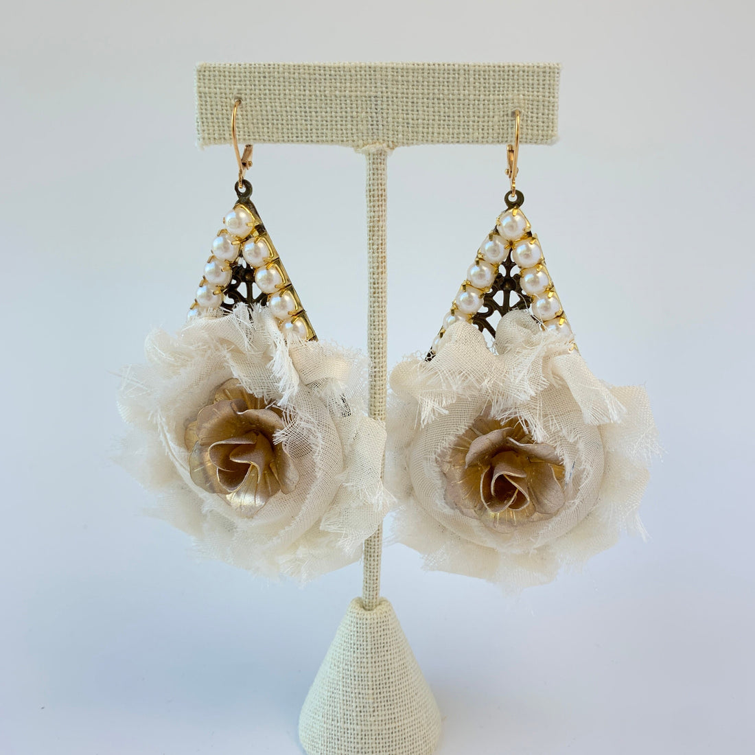 Lenora Dame Shabby Chic Rosette Drop Statement Earrings in Creamy White