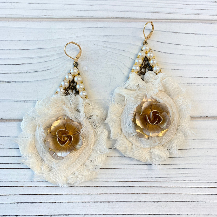 Lenora Dame Shabby Chic Rosette Drop Statement Earrings in Creamy White