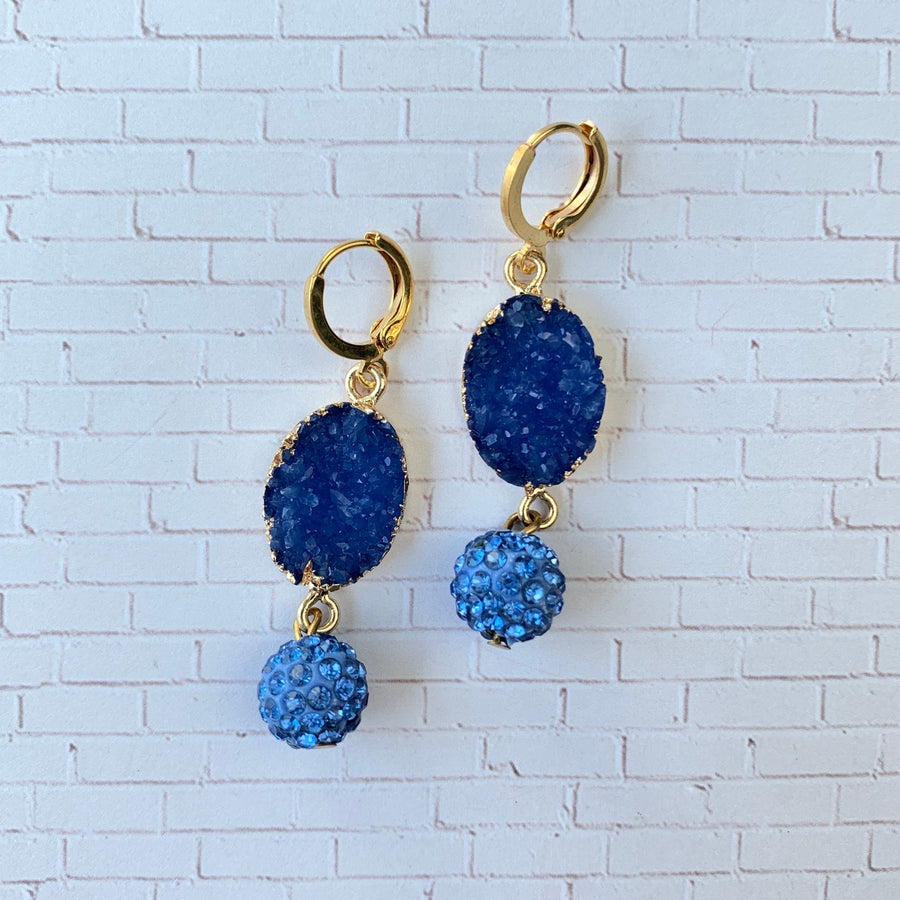 Lenora Dame Druzy Crystal Agate Earrings in Lake Blue