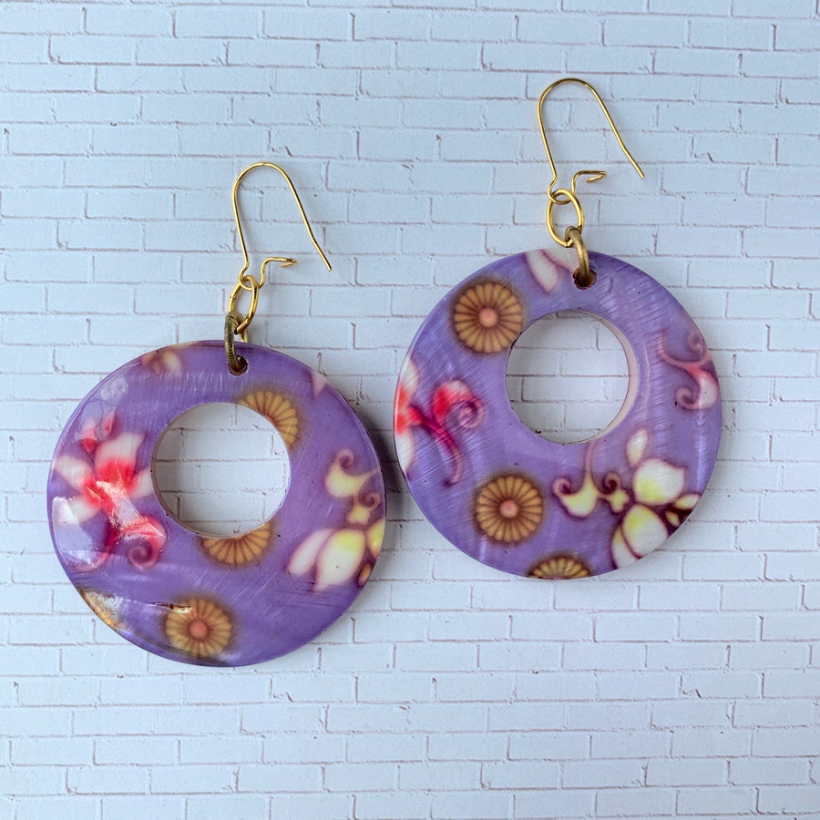 Lenora Dame Mother of Pearl Purple Disc Earrings