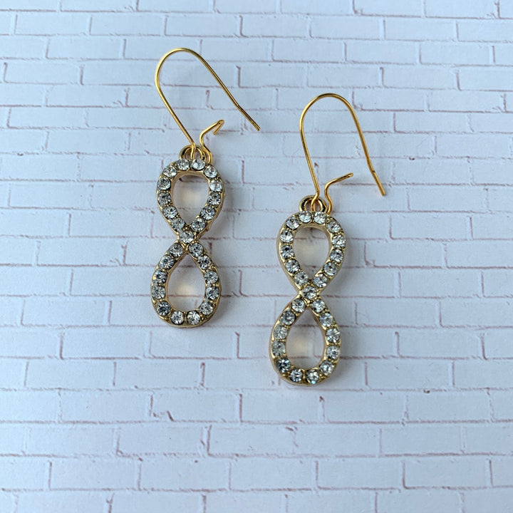 Crystal rhinestone infinity earrings. Gold infinity earrings for women. 