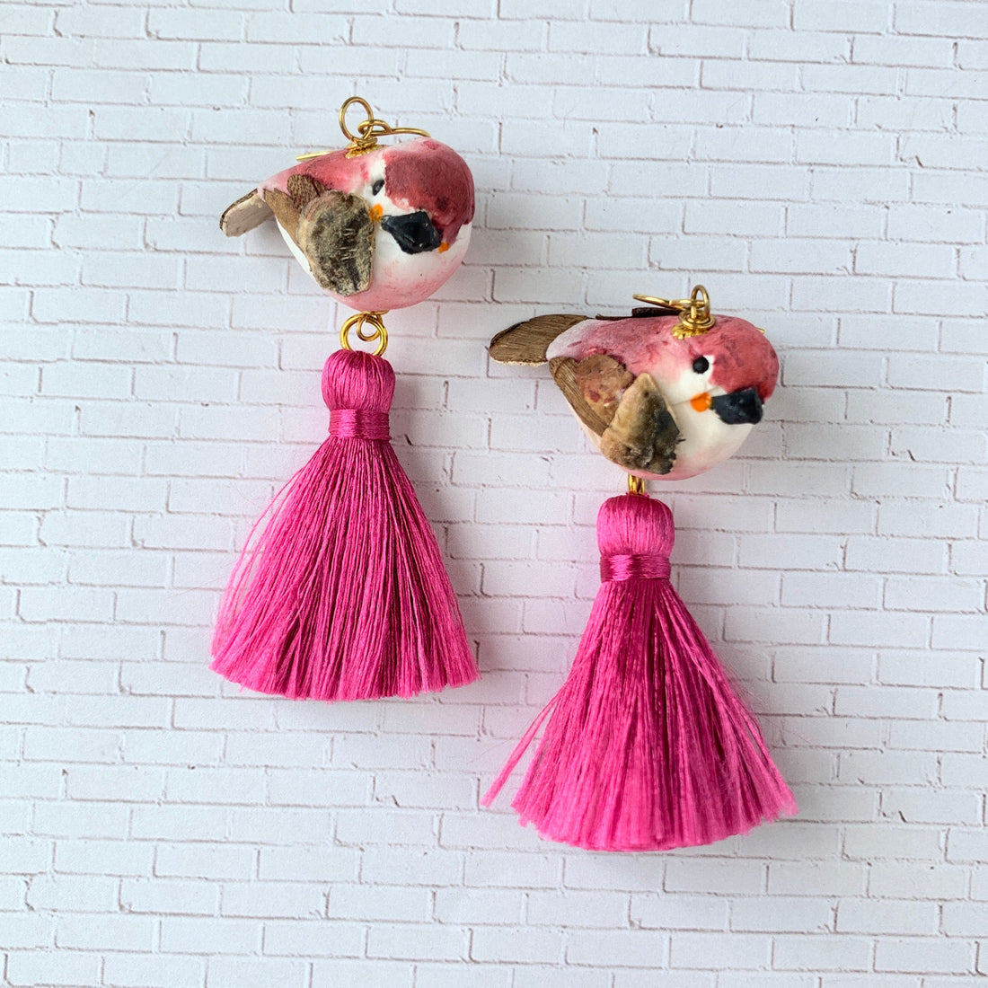 Lenora Dame Spun Cotton Bird Tassel Earrings in Magenta