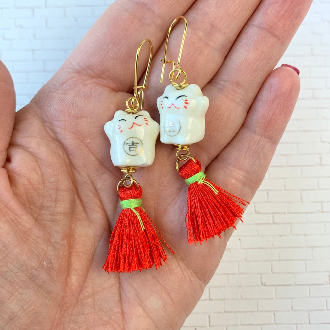 Lenora Dame Painted Ceramic Cat Tassel Earrings