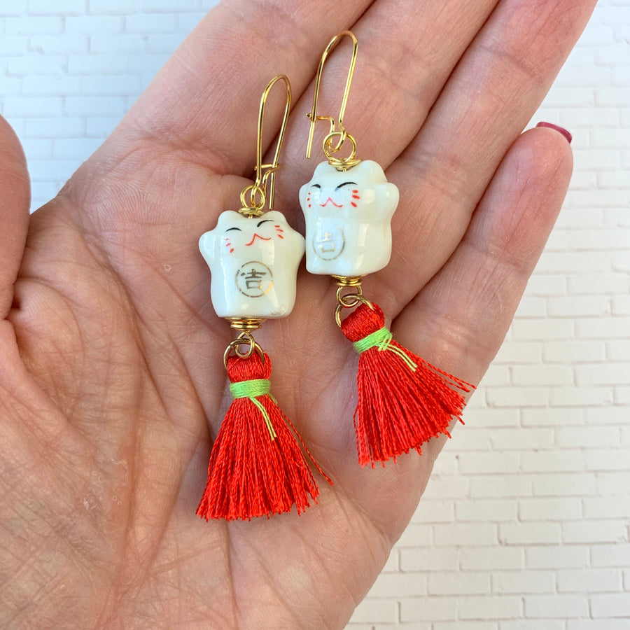 Lenora Dame Painted Ceramic Cat Tassel Earrings