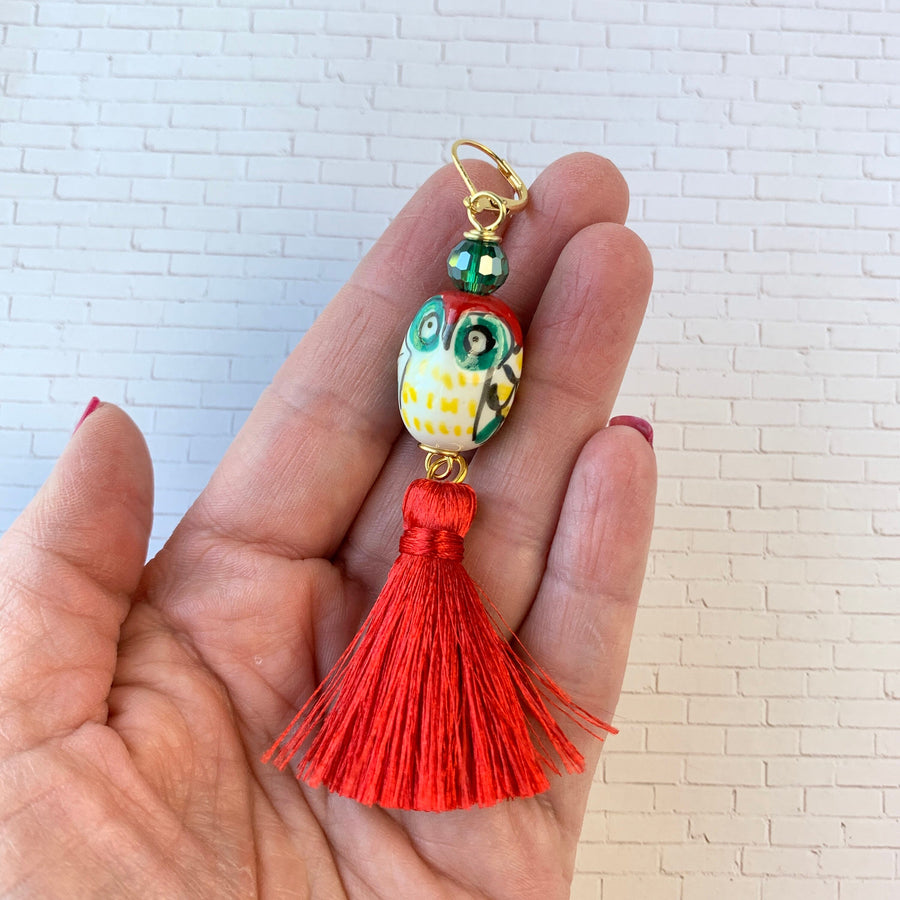 Lenora Dame Painted Ceramic Owl Tassel Earrings