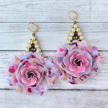 Lenora Dame Impatiens Shabby Chic Rosette Drop Statement Earrings