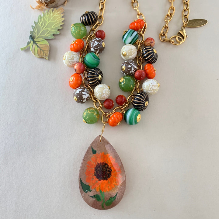 Lenora Dame Hand Painted Sunflower Pendant Necklace - One-of-a-Kind