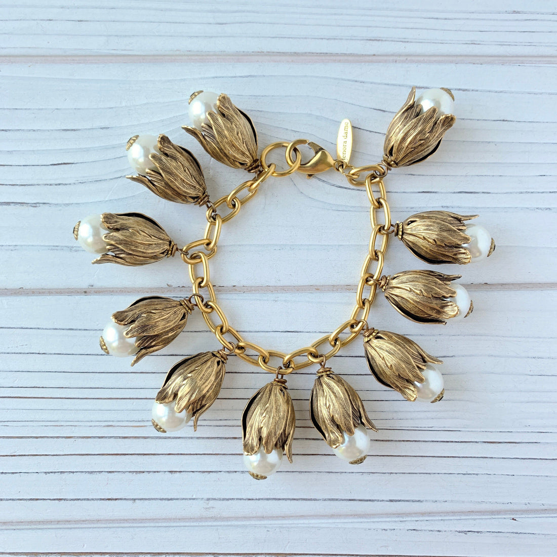 Lenora Dame Calla Lily Bead Cap Pearl Charm Bracelet